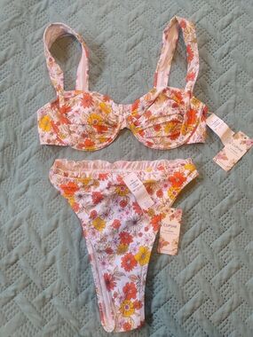 Cupshe White Floral Bikini Set with Orange & Yellow Blooms